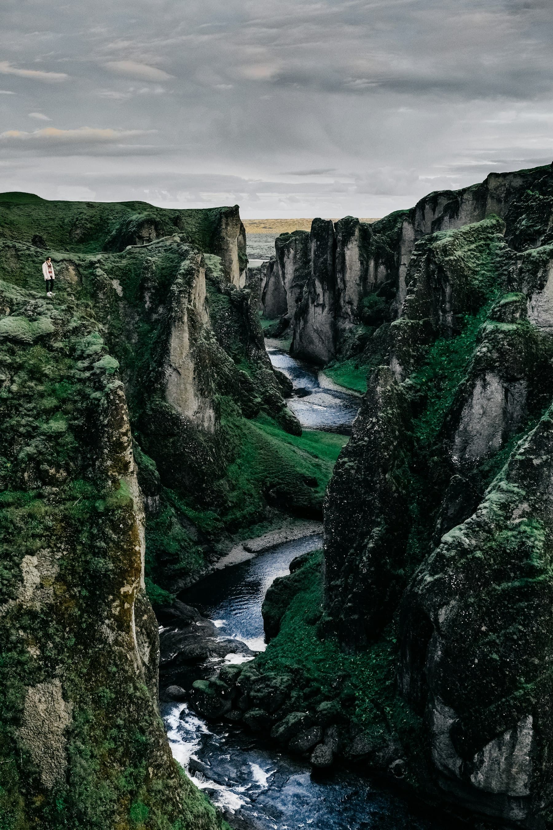 A mossy canyon with a river running through it